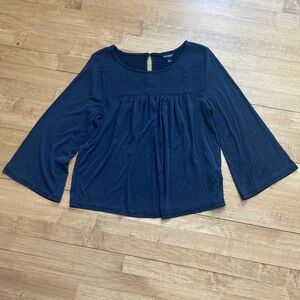Lucky Brand Charcoal Blue Smocked Yoke Bell-Sleeve Top
